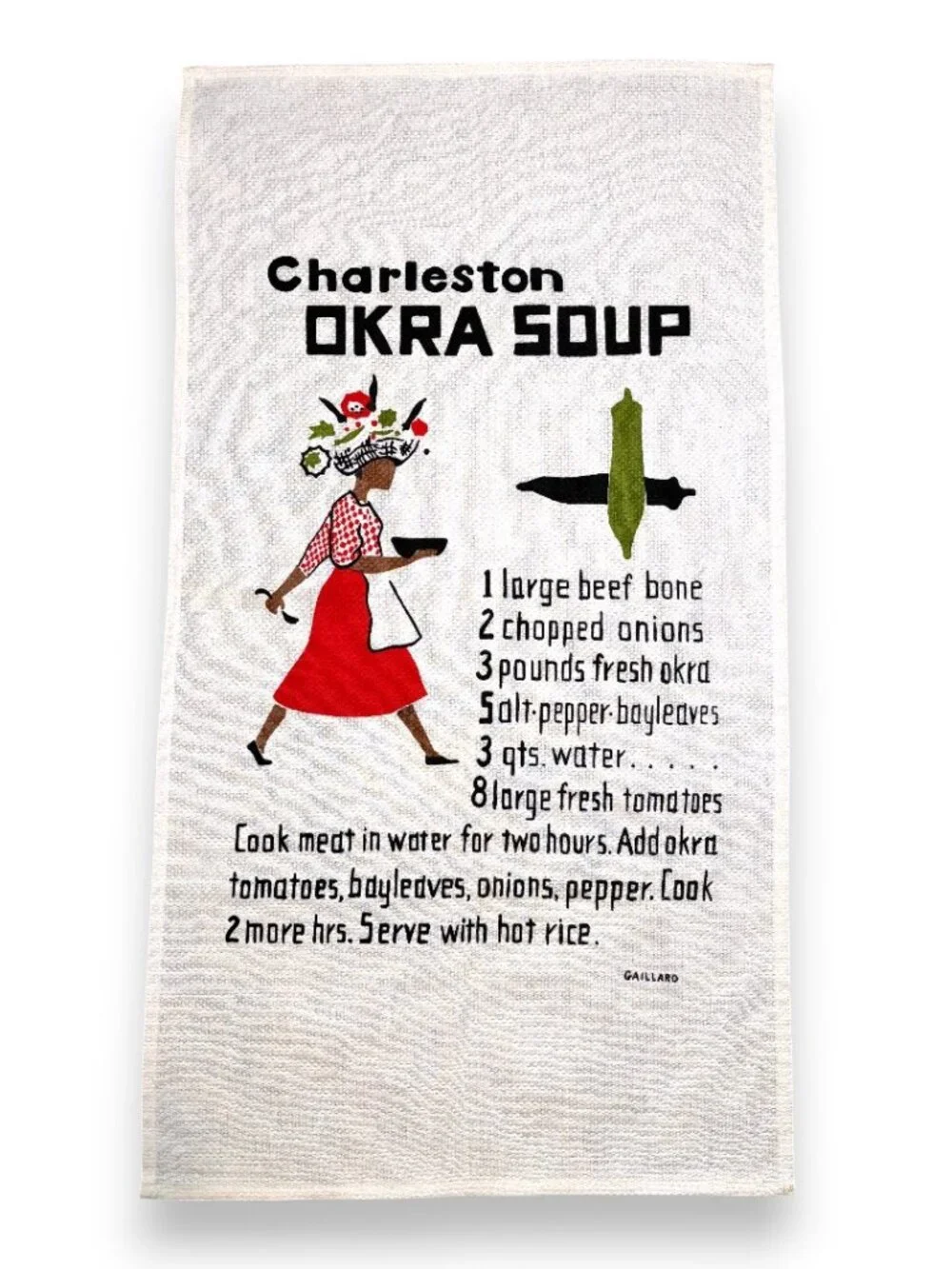 Vintage Gaillard Original Charleston Okra Soup Recipe Tea Towel Southern Folk Ar